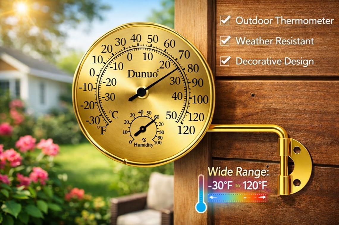 Outdoor Thermometer - Weatherproof & Decorative Outside Temperature Gauge for Window, Greenhouse Accessories and Patio (Easy-Read Brass Swivel Design) (4inch Golden case+ Golden Color)