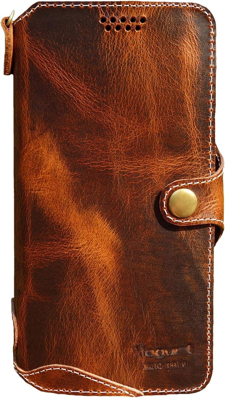 YogurtCase for iPhone 13, Genuine Leather Wallet Handmade Cover for iPhone 13, 6.1-inch Dark Brown