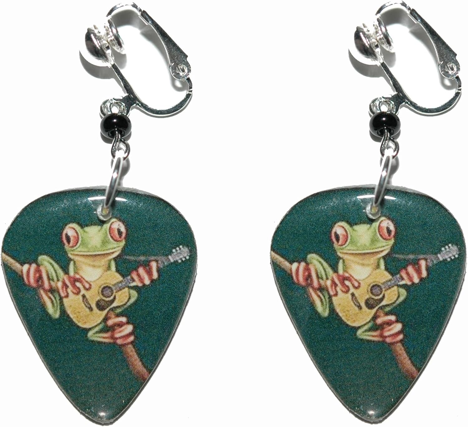 Frog Playing Guitar Pick CLIP ON Dangle Earrings (GP030clip)