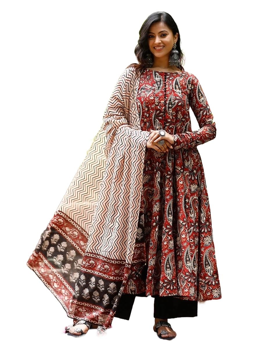 Nermosa Women Printed Anarkali Kurta And Pant Set With Dupatta (In, Alpha, M, Maroon)