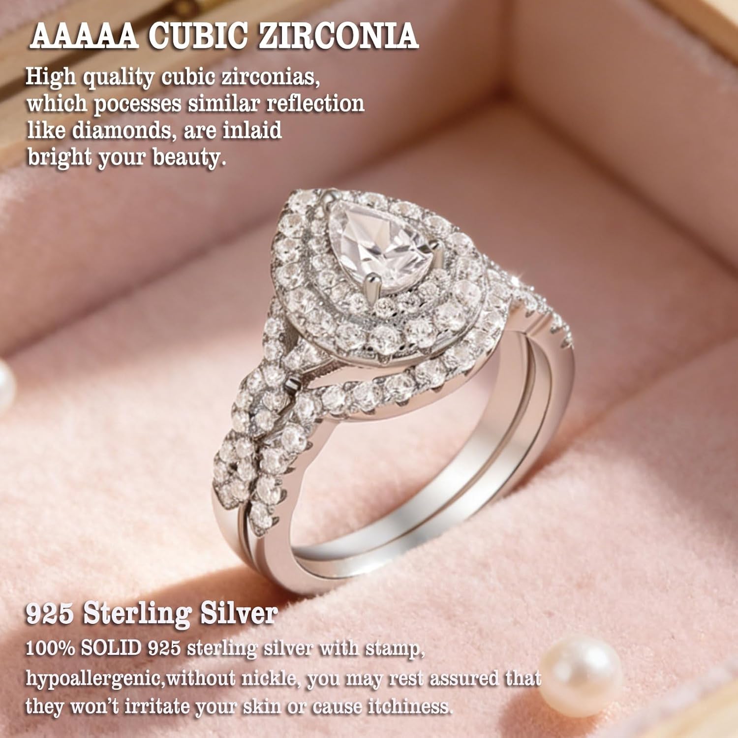 Newshe Jewellery Cubic Zirconia Wedding Rings for Women 925 Sterling Silver Engagement Bridal Ring Set Pear White Promise Anniversary Band Size 4-13