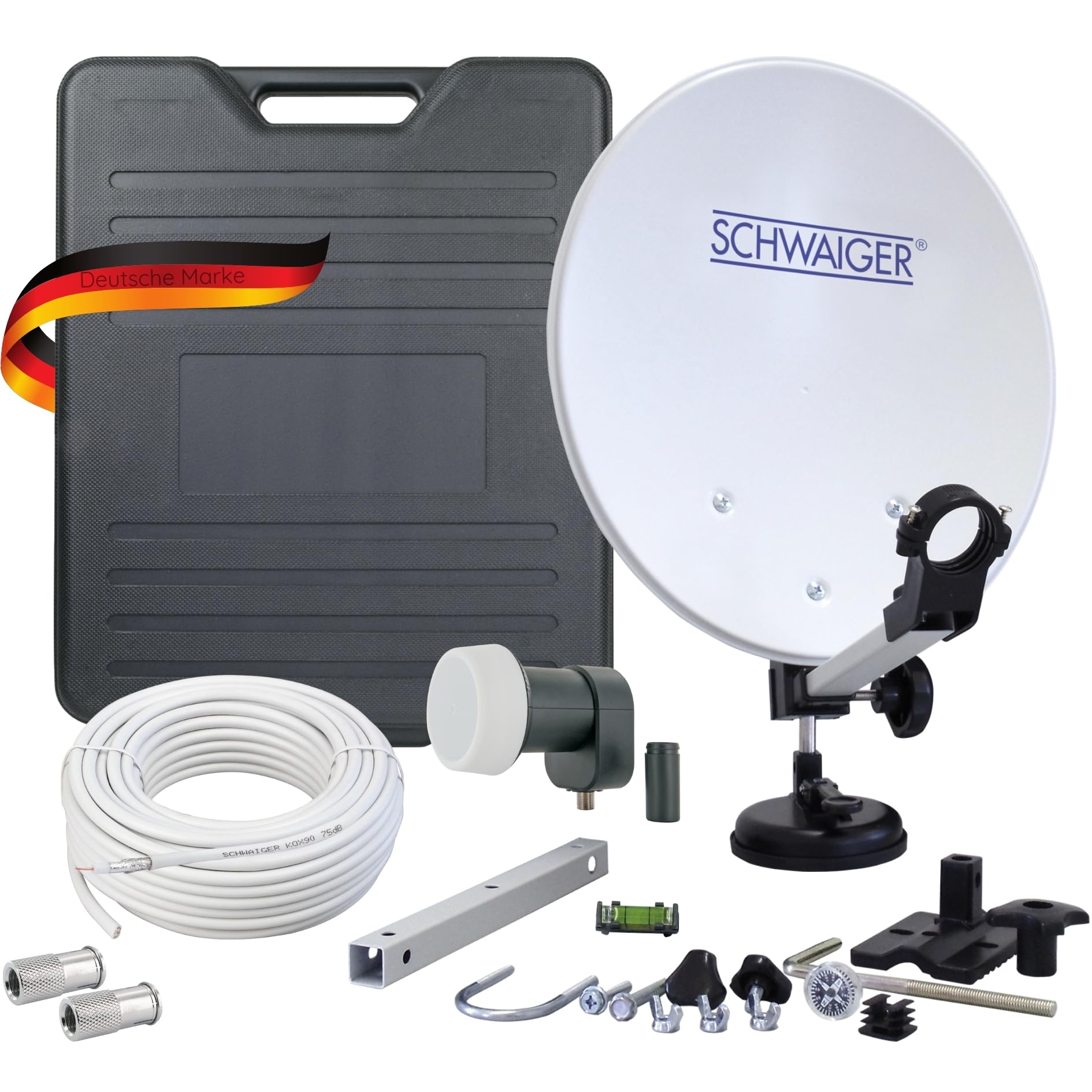 SCHWAIGER SAT-Camping Set I Satellitenanlage Komplettset I 35 cm Stahl Offset Antenne, Single LNB, 10 m Koaxialkabel, F, Transportkoffer & Montagematerial I Mobile SAT-Anlage