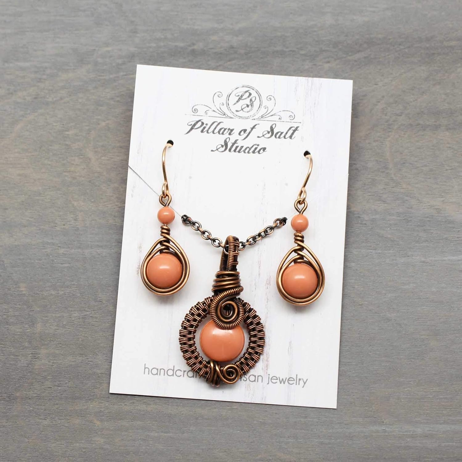 Pillar of Salt Studio Handcrafted Copper Jewelry Set Necklace and Earrings with Simulated Pearls (Coral)