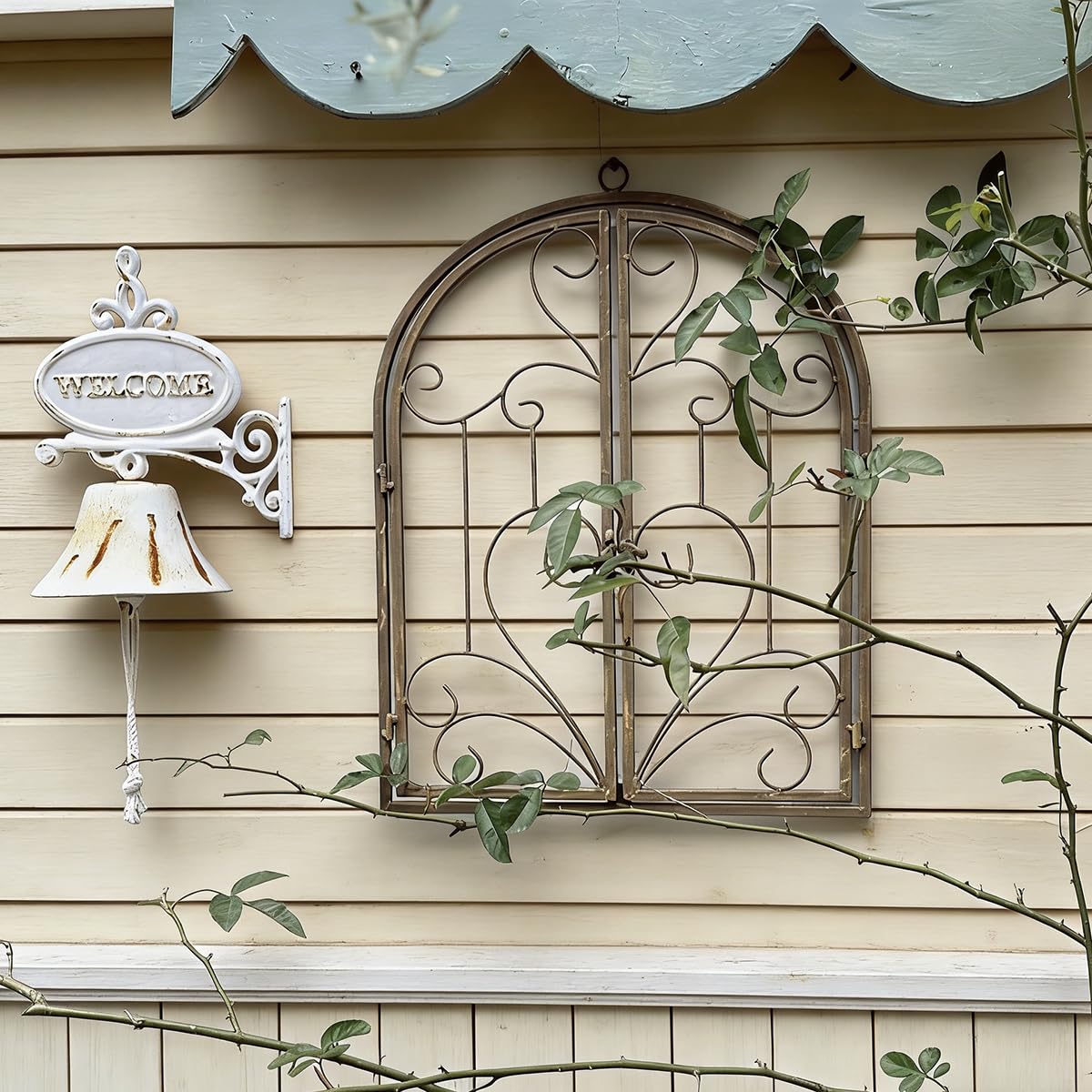 Rustikale Deko-Fenster mit Halbbogen zum Öffnen Eisen Sprossen-Fenster Scheunenfenster Fensterrahmen Fenster Attrappe Ranken Optik Wanddekor für Gartendeko Landhausstil Rost