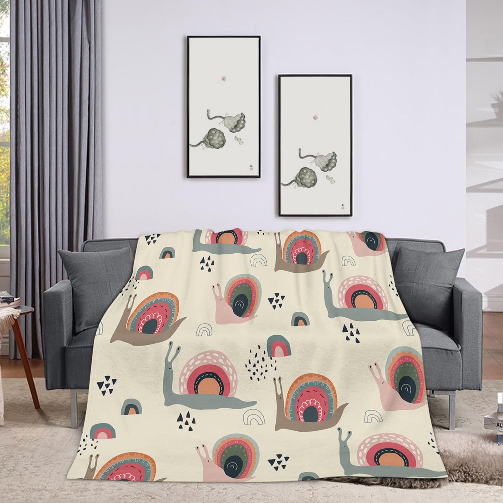 Throw Blanket 50x60 Inch,Cute Funny Rainbow Snails in Abstract Scandinavian Style Cozy Soft Lightweight Fuzzy Flannel Blanket 60x50 Inch Suitable for Couch Bed Sofa Living Room in All Seasons