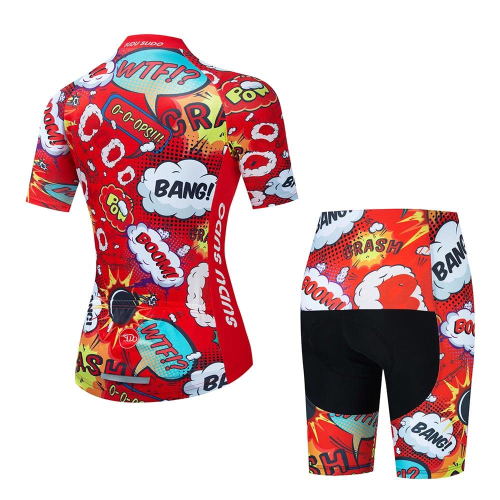 Women's Cycling Clothing Set Short Sleeve Road Bike Shirts Breathable Cycling Jersey with 20D Gel Padded Bib Shorts