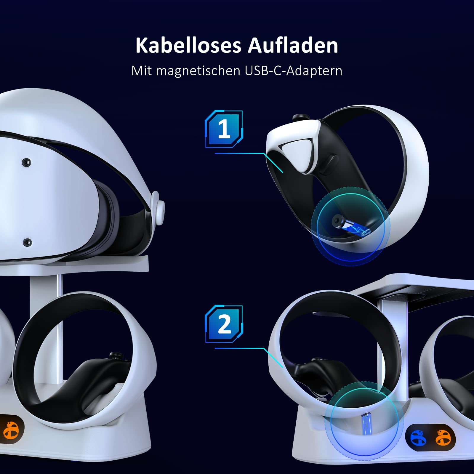 NexiGo Controller Ladestation für PSVR2, Dual-Schnellladestation mit LED-Licht, Headset-Display-Ständer und Controller-Halterung, magnetischer Anschluss, USB auf Typ-C-Kabel, Weiß