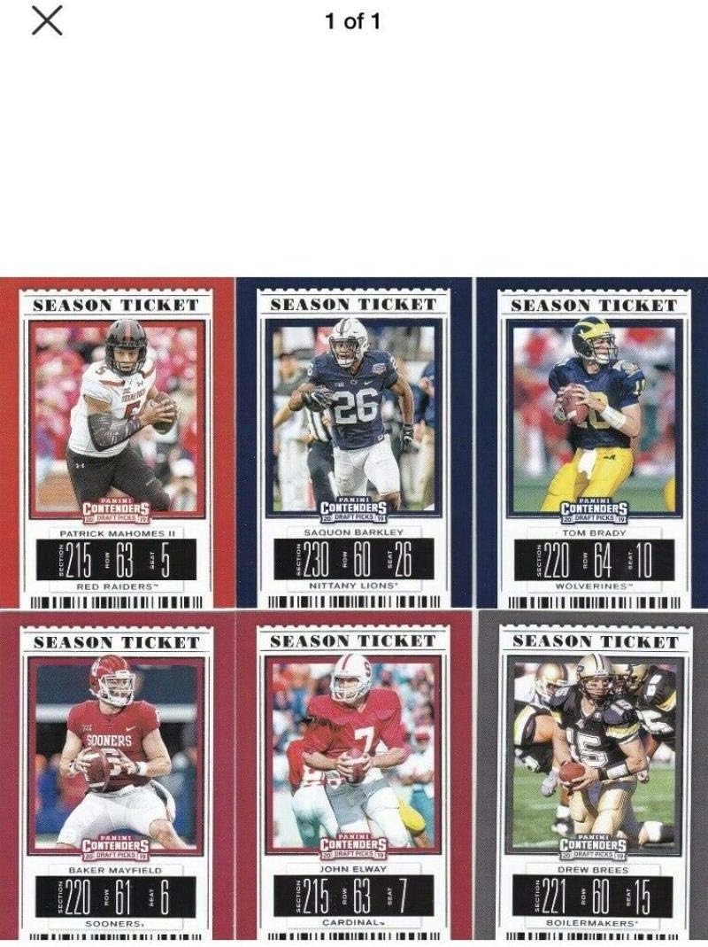 2019 Panini Contenders Season Tickets Complete Hand Collated NCAA Football Set of 100 Cards - Includes cards of NFL Superstars Alvin Kamara, Tom Brady, Aaron Rodgers, Peyton Manning, Saquon Barkley, Patrick Mahomes, Lamar Jackson and Josh Allen.
