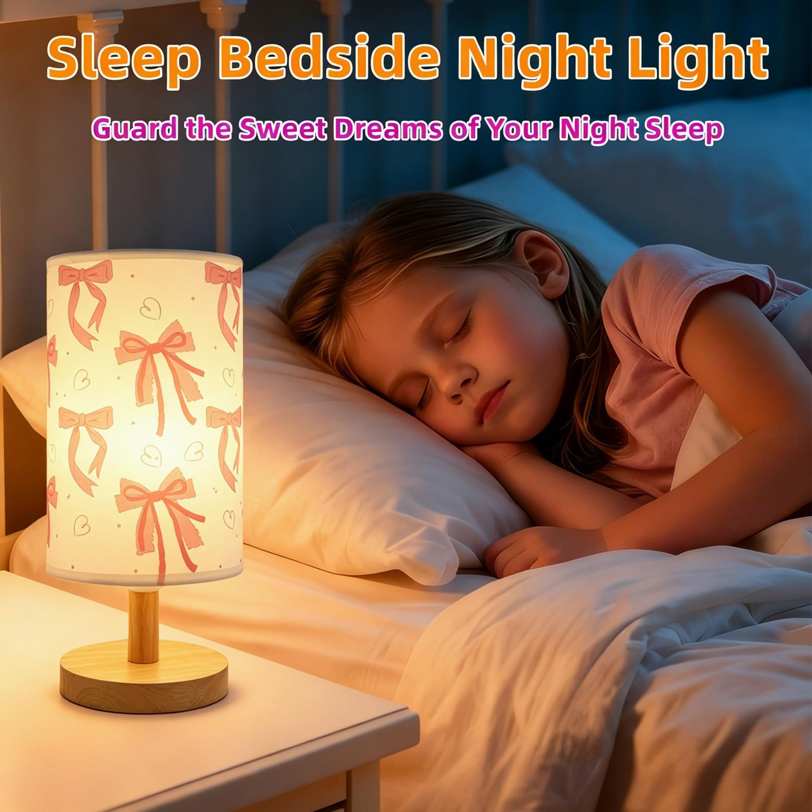 Różowa lampa stołowa z kokardą, 3 kolory lampka nocna do sypialni dziecięcej lampka nocna lampka nocna do pokoju dziewczęcego dekoracyjne światła z kreskówkową tkaniną lnianą abażur lampa biurkowa dla