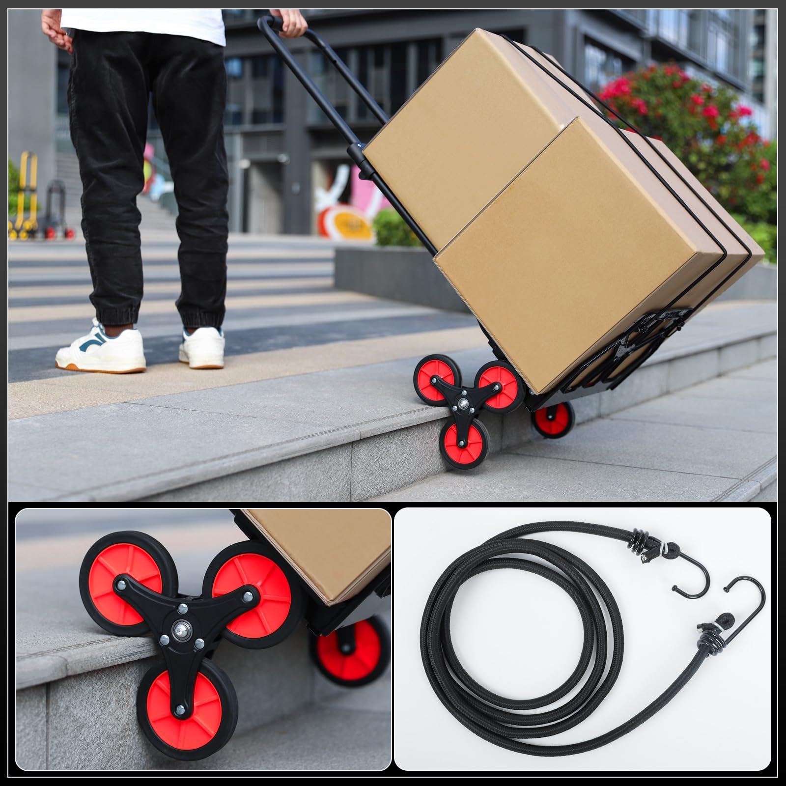 YEAUPE PRO Carretilla Plegable, Carretilla de Mano – Ruedas Grandes TPR Reforzadas, Mango Telescópico Ajustable, Incluye 2 Cuerdas Elásticas, Ideal para Subir y Bajar, 50kg - Sube escaleras – Negro