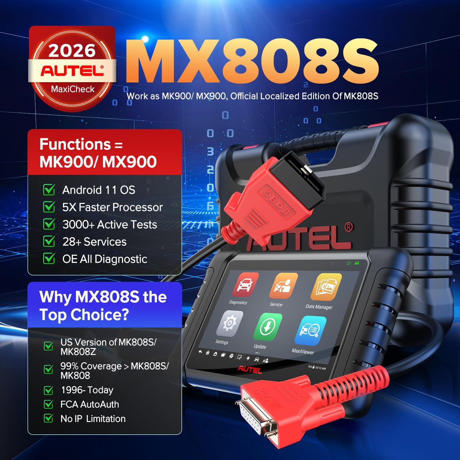 Autel MaxiCheck MX808S Skaner diagnostyczny do samochodów: 2026 Najnowszy w porównaniu z MK808S MK808BT Pro, skan bi-dyrekcyjny jak MK900 MX900 MK900BT, 3K+ aktywnych testów, 28+ resetów, wszystkie
