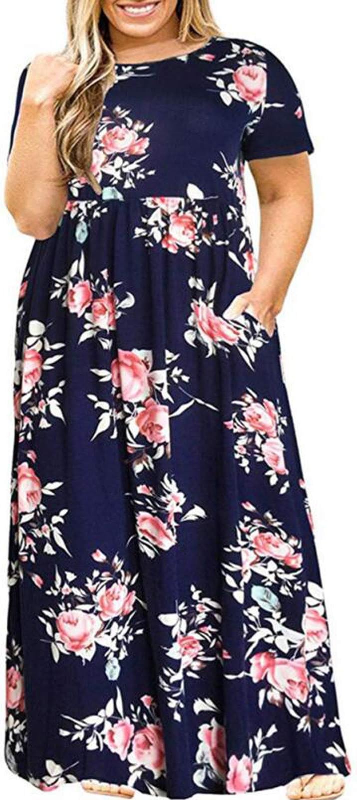 Plus Size Vintage Maxi Dresses with Pockets for Women UK 2021 Fashion Outsize Black Floral Dress Ladies Casual Loose Ankle Length Long Dresses Summer Short Sleeve Dress 5xl 4xl 3xl