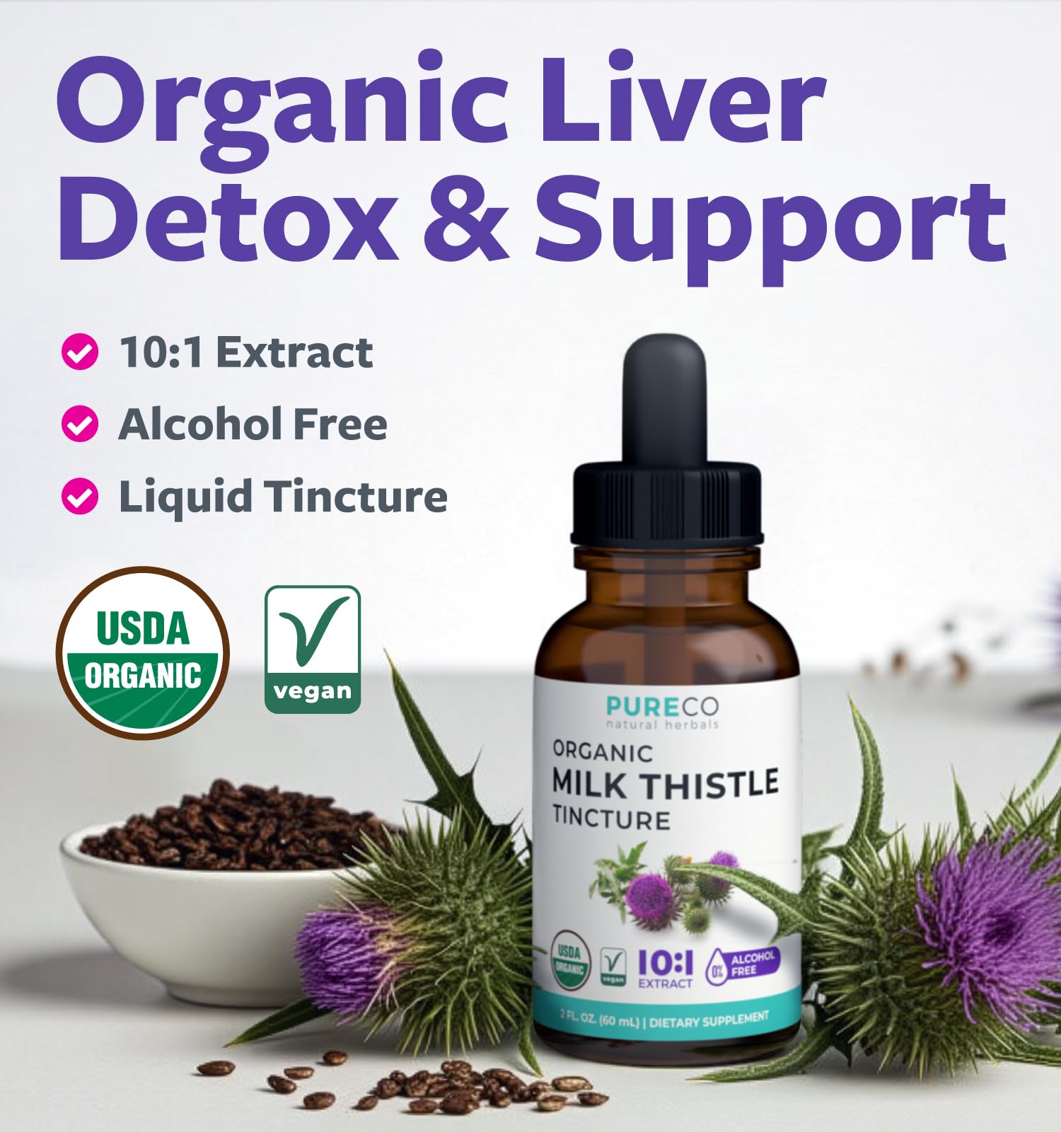 USDA Organic Milk Thistle Extract - High Potency 10:1 Silymarin Milk Thistle Liquid Liver Cleanse Detox & Repair Supplement - Vegan Non-GMO & Alcohol-Free Liver Support Supplement (30 Servings) — Amazon image 2