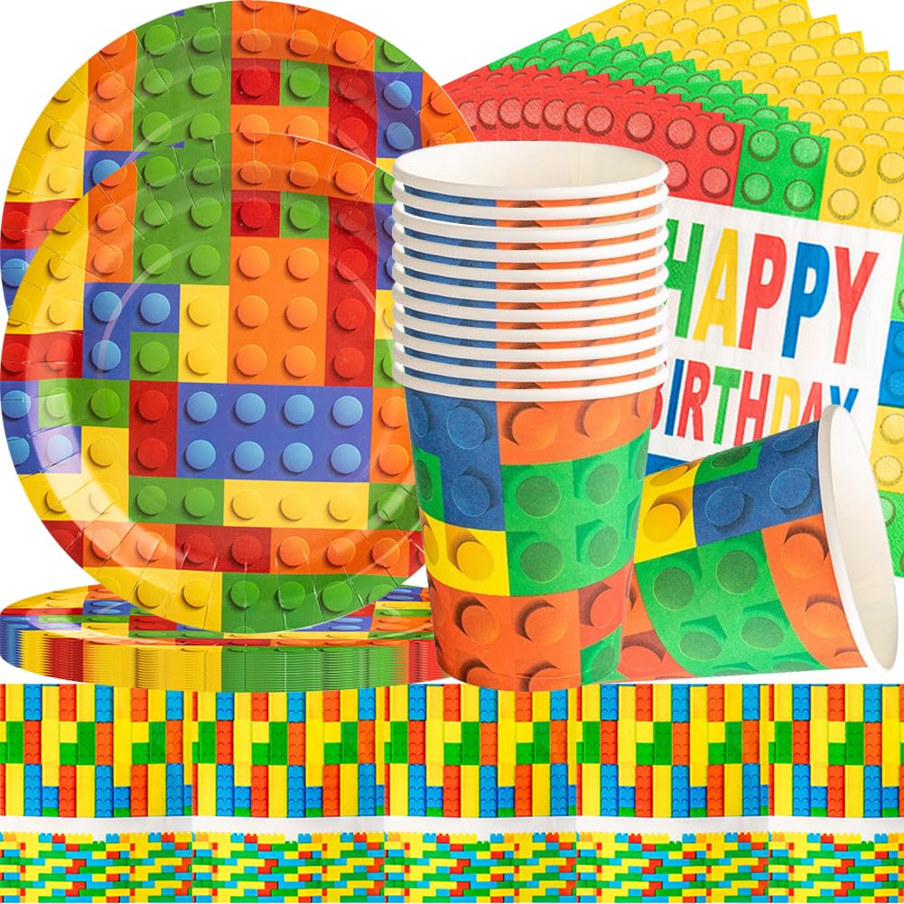 Décoration Fête Thème Blocs De Construction - Nappe, Ballons, Assiettes, Bannière, Pour Anniversaire Enfant