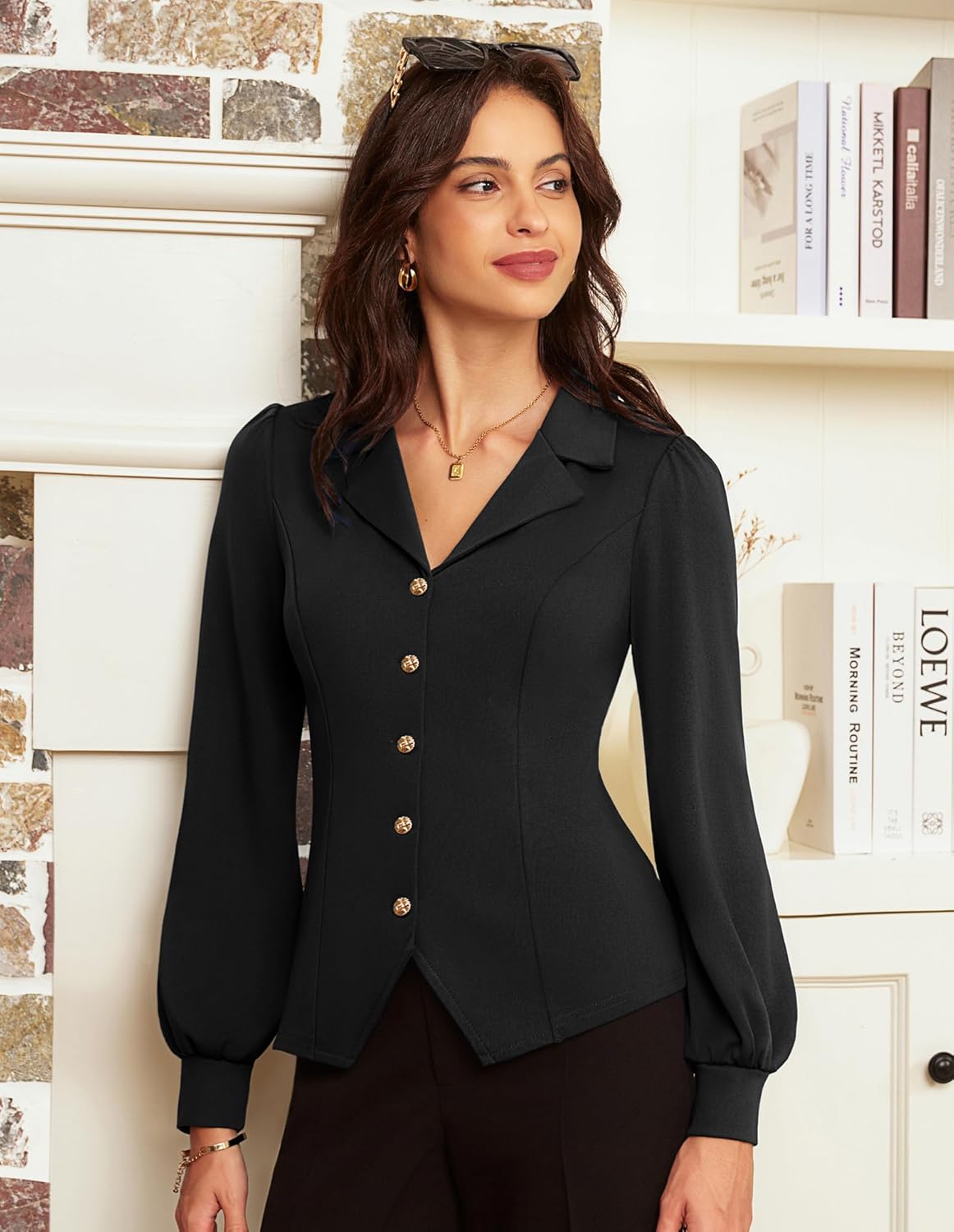 GRACE KARIN Work Shirts for Women Lantern Long Sleeve V Neck Blouse Button Down Elegant Business Office Top - Image 3