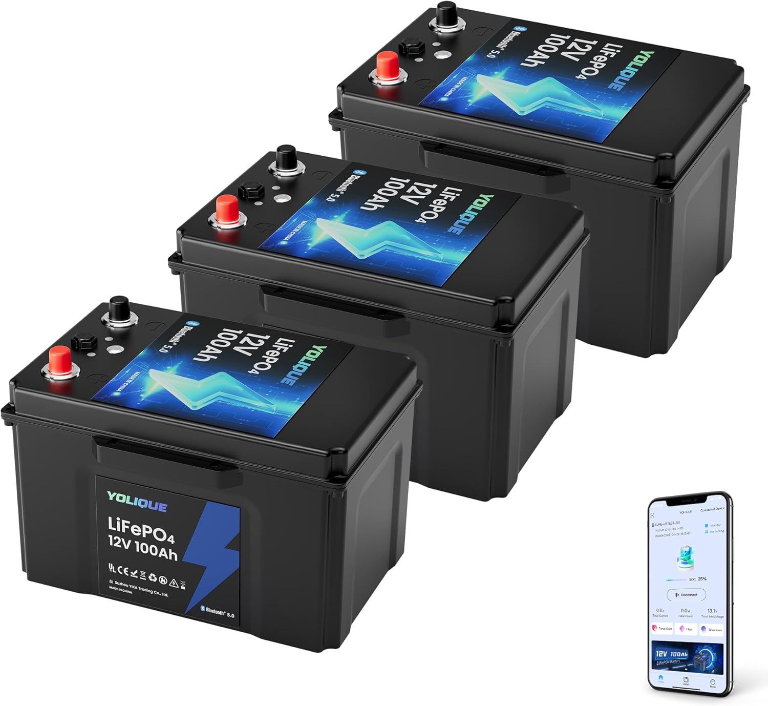 12V 100Ah Bluetooth LiFePO4 Lithium Battery Self-heating Low-Temp Protection, Built-in 100A BMS 4500~15000 Deep Cycles Battery for RV, Marine, Solar System, Trolling Motors, 3Pack