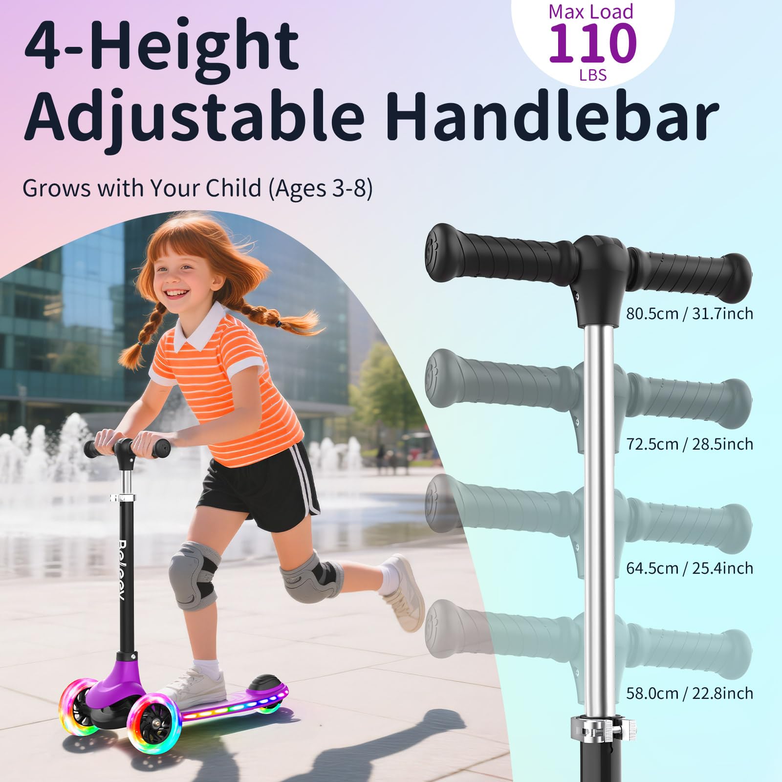 BELEEV A10 Patinete De 3 Ruedas Con Luces LED – Plegable, Manillar Ajustable En 4 Alturas, Para Niños De 3 A 12 Años, Hasta 50 Kg, Marco Ligero
