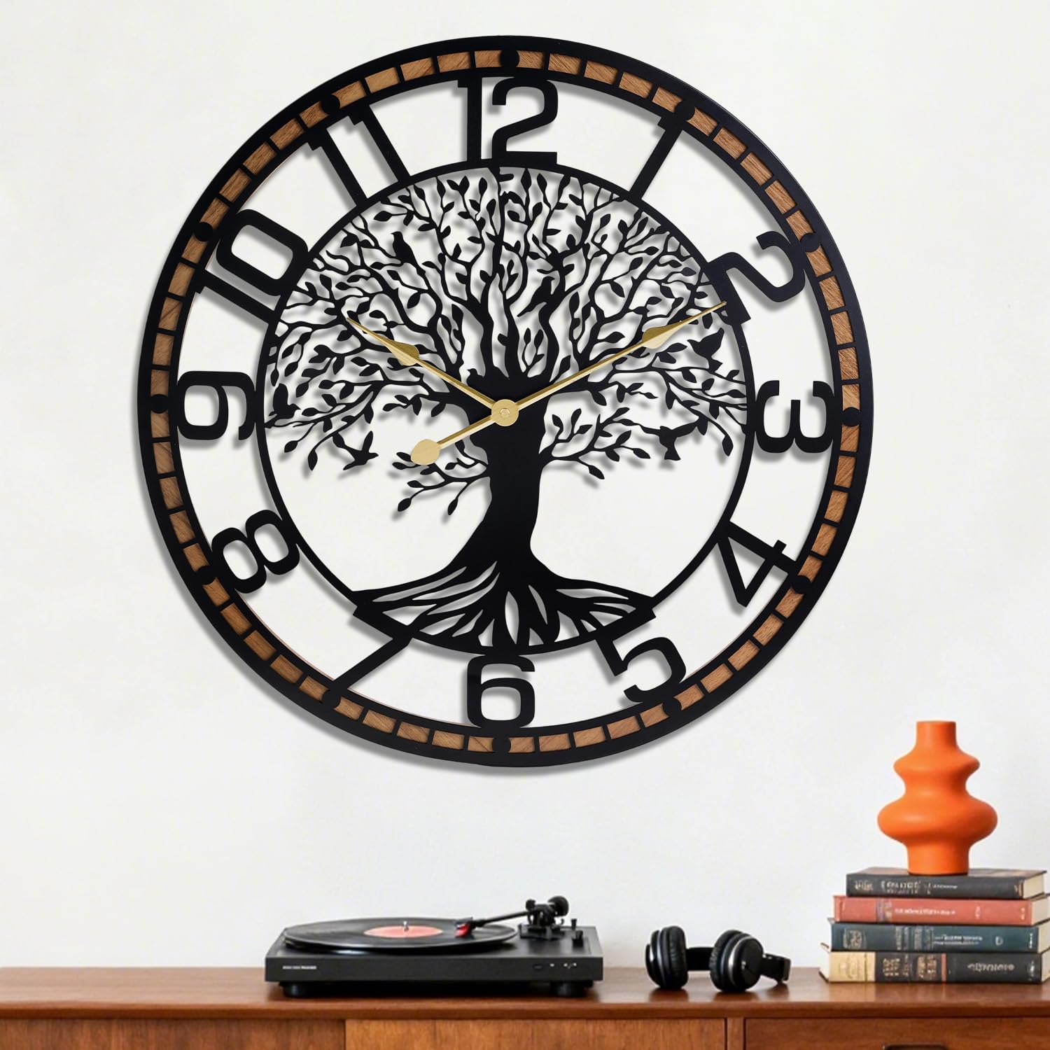 Reloj de pared grande y silencioso, 24 pulgadas, árbol de la vida, metal negro con marco de madera maciza, sin tictac, funciona con pilas, para sala de estar, oficina, dormitorio, cocina, accesorio