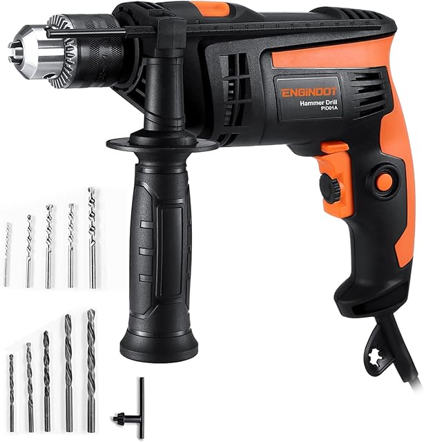 Hammer Drill, ENGiNDOT 710W Corded Impact Drill 2 IN1,2800RPM, Variable Speed, 1/2''(13mm) Chuck, 10 Drill Bits for Home Improvement, DIY, Concrete, Steel, Wood