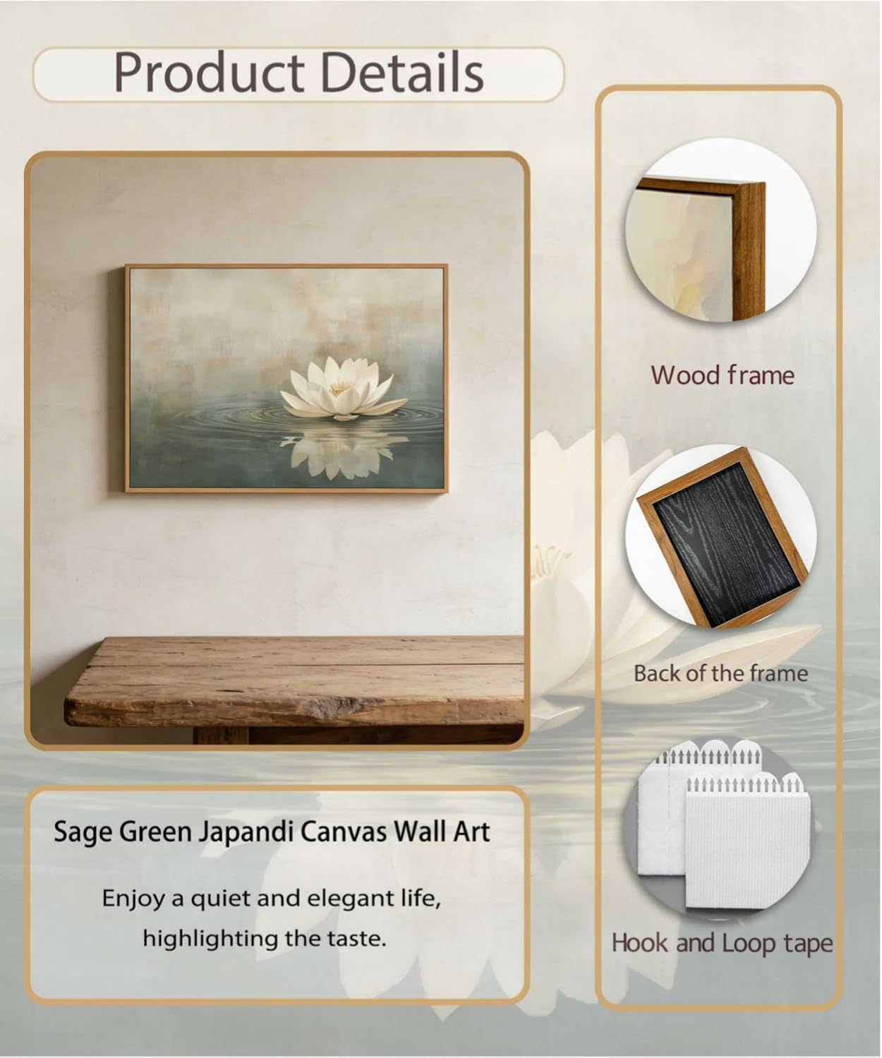 Framed Sage Green Japandi Canvas Wall Art Zen White Lotus Flowers Picture Wall Decor Japanese Wabi Sabi Poster Prints for Yoga Spa Meditation Spiritual Room Living Room Home Decoration 16x24in