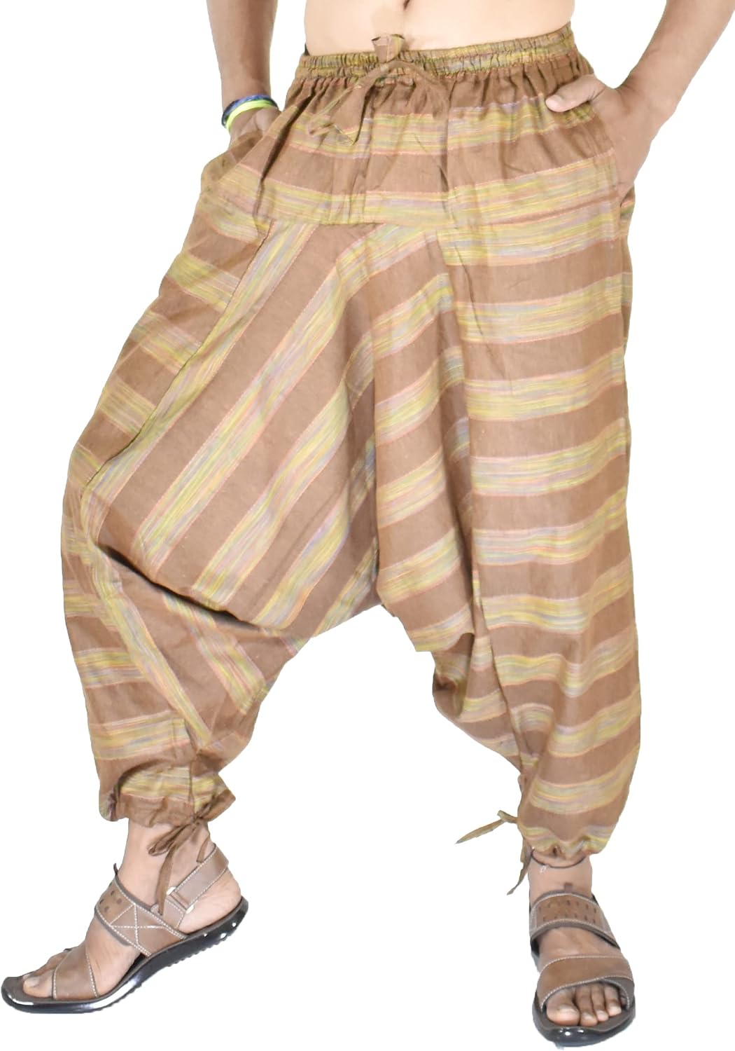 Whitewhale Mens Cotton Stripe Harem Pants Pockets Yoga Trousers Hippie