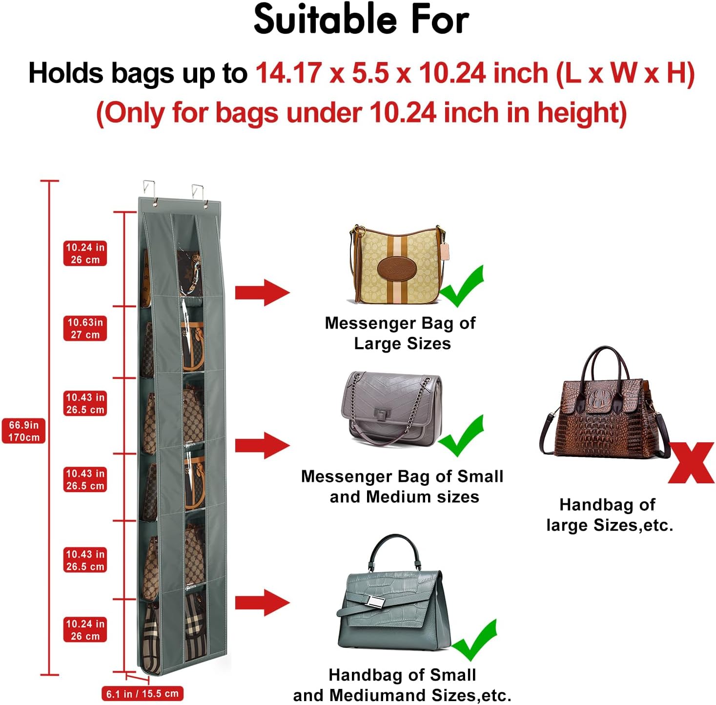 Lirex Over The Door Purse Organizer, Space-Saving Medium and Large Handbag Storage Organizer Clothing Closet Hanger, Dark Grey image 3