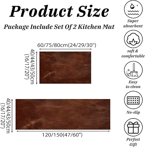 Miniatura 2 de Abstract Leather Texture Kitchen Mats, Retro Aesthetics Kitchen Rugs Set of 2, Rust Brown Washable Floor Carpet, Xmas Decor Mats for Hallways