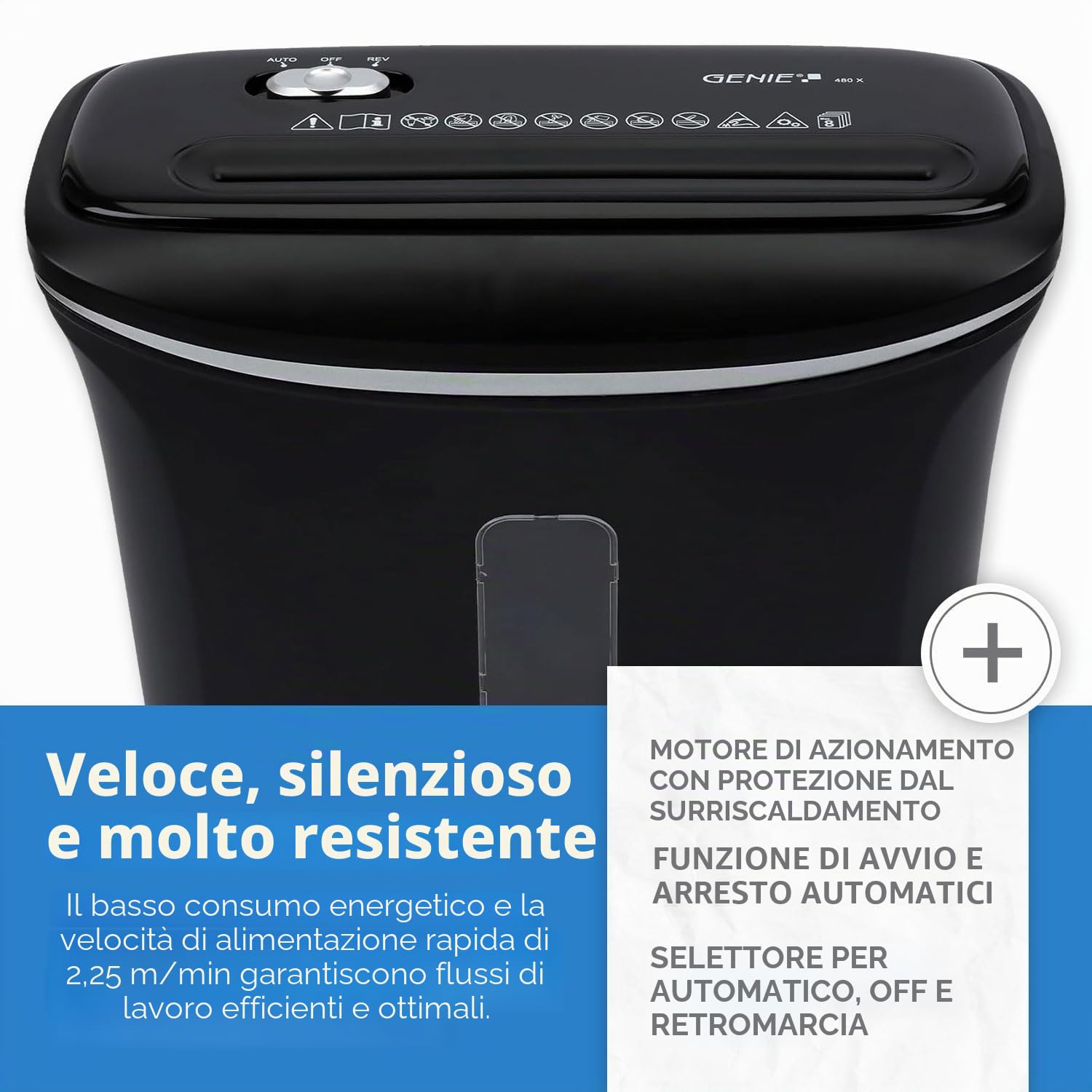 Genie - Distruggidocumenti Power 480 X | Alto livello di sicurezza P4 con fino a 8 fogli di taglio a particelle | Distruggidocumenti con cestino da 12 l in nero