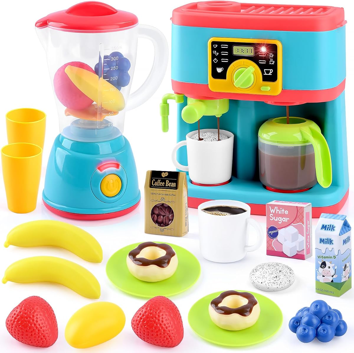 PLAY Kids Kitchen Appliances Toys Set, Pretend Play Accessories Playset | with Coffee Maker & Toy Blender, Realistic Lights & Sounds, Christmas Birthday Gifts for Toddlers Kids Ages 3+