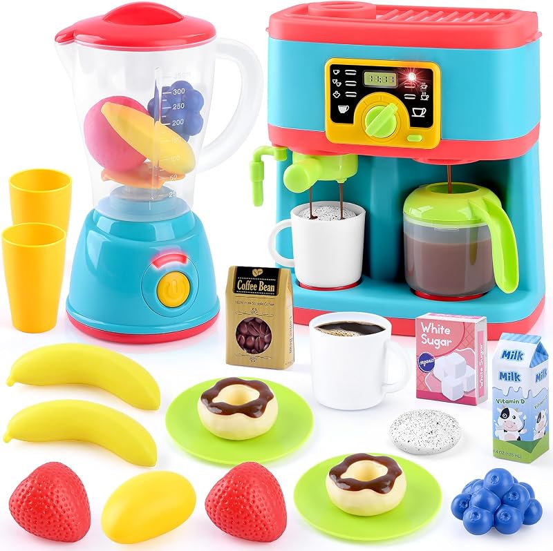 PLAY Kids Kitchen Appliances Toys Set, Pretend Play Accessories Playset | with Coffee Maker & Toy Blender, Realistic Lights & Sounds, Christmas Birthday Gifts for Toddlers Kids Ages 3+