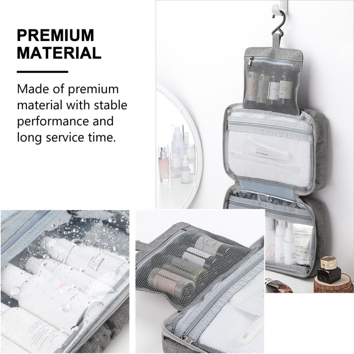 Water-resistant Travel Toiletry Bag with Hanging Hook, Foldable Grey Cosmetic Organizer for Men and Women, Multi-compartment Personal Care Storage for Travel and Shower Use