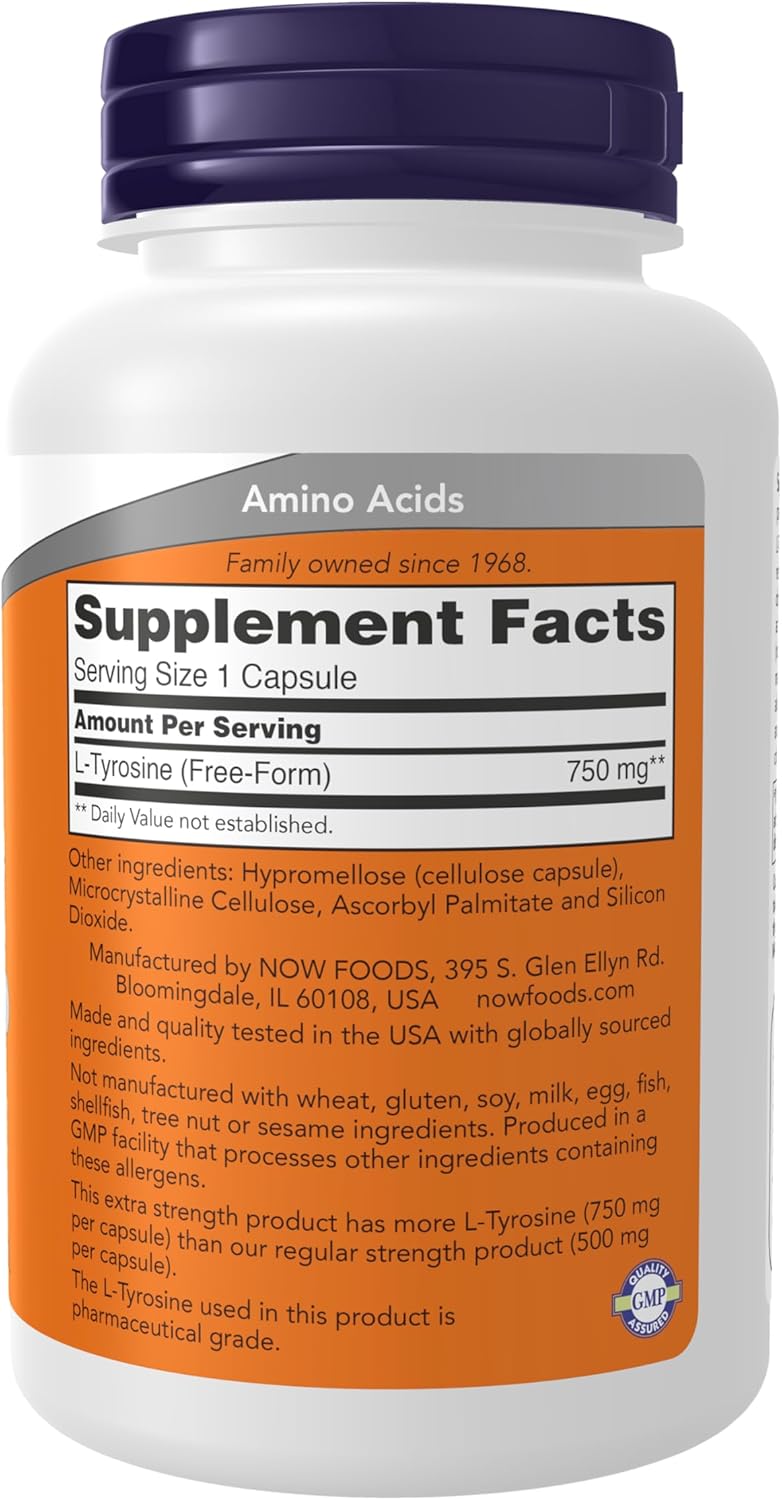 NOW Supplements, L-Tyrosine 750 mg, Supports Mental Alertness*, Neurotransmitter Support*, 90 Veg Capsules - Image 2