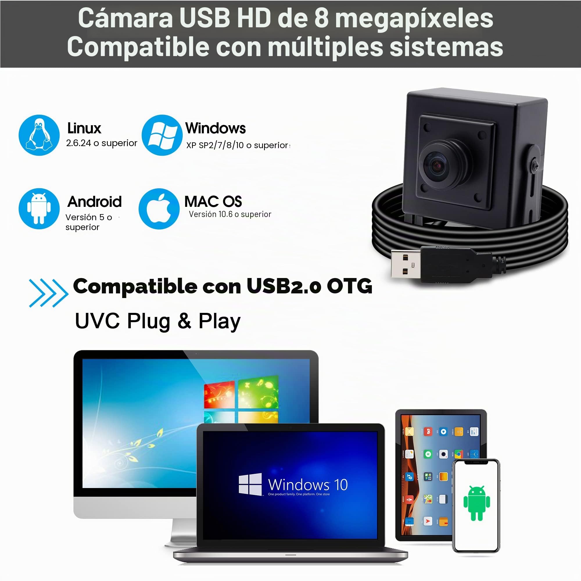 Svpro Cámara USB de 8MP ojo de pez de 180 grados ultra gran angular, cámara web de alta resolución 3264x2448 USB con carcasa de aluminio para la industria y el ordenador de PC..