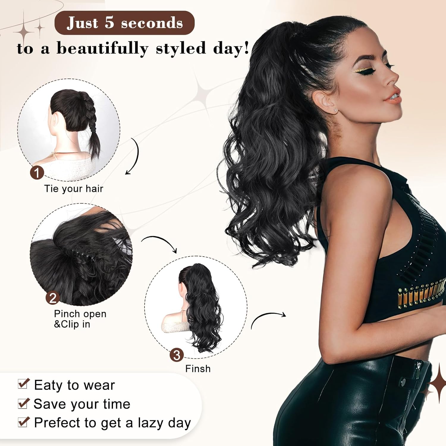 AISI BEAUTY Black Ponytail Extension, 20 inch Long Wavy Curly Claw Clip Ponytail Hair Extensions, Natural Synthetic Hairpiece for Women Daily Wear