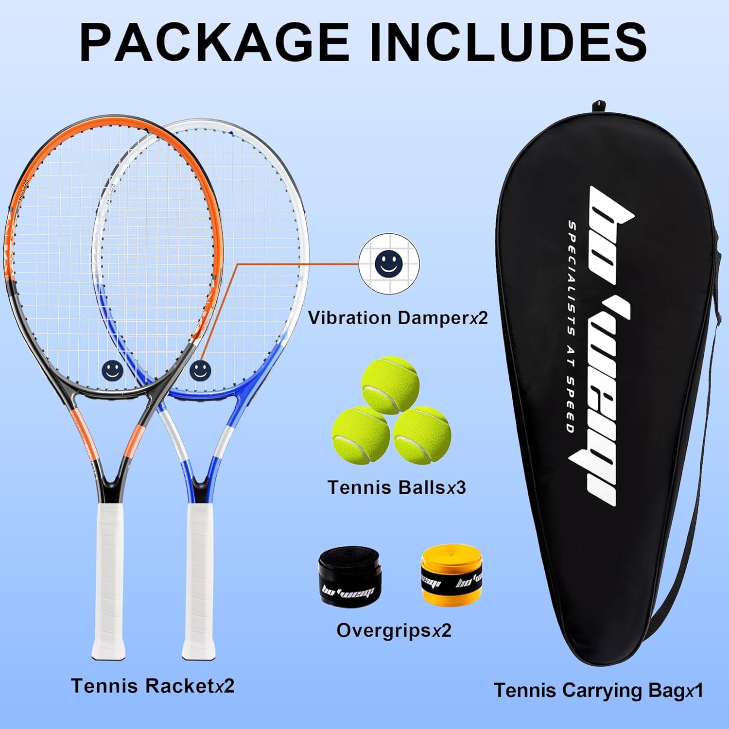 bo'weiqi 27" Recreational Tennis Racket Set 2 Players Lightweight Pre-Strung Tennis Racquets for Beginners, Including 3 Balls, 2 Overgrips, 2 Vibration Dampers and 1 Bag