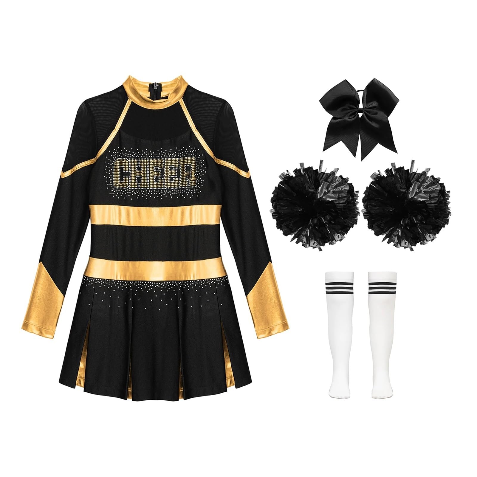 Ilovefancydress Cheerleader-Kostüm Für Kinder – Kleid Mit 'SQuad'-Print & 2 Schwarzen Pompons