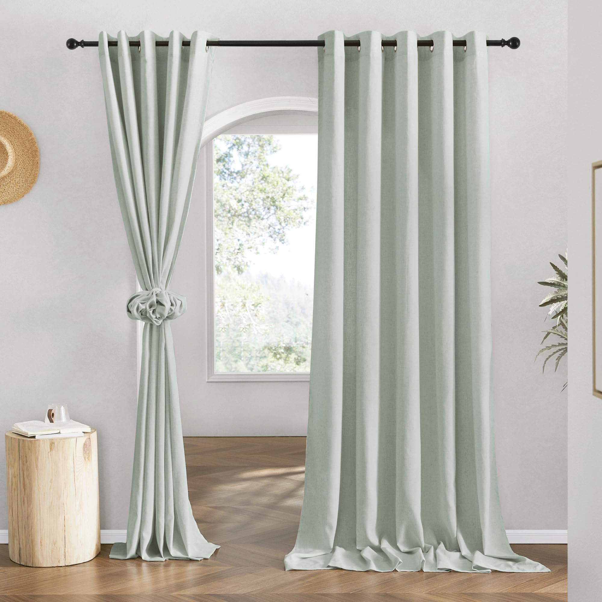 NICETOWN Flax Sage Green Linen Curtains for Room Divider, Grommet Top Thick Flax Semi Sheer Vertical Drapes Privacy Assured with Light Filtering for