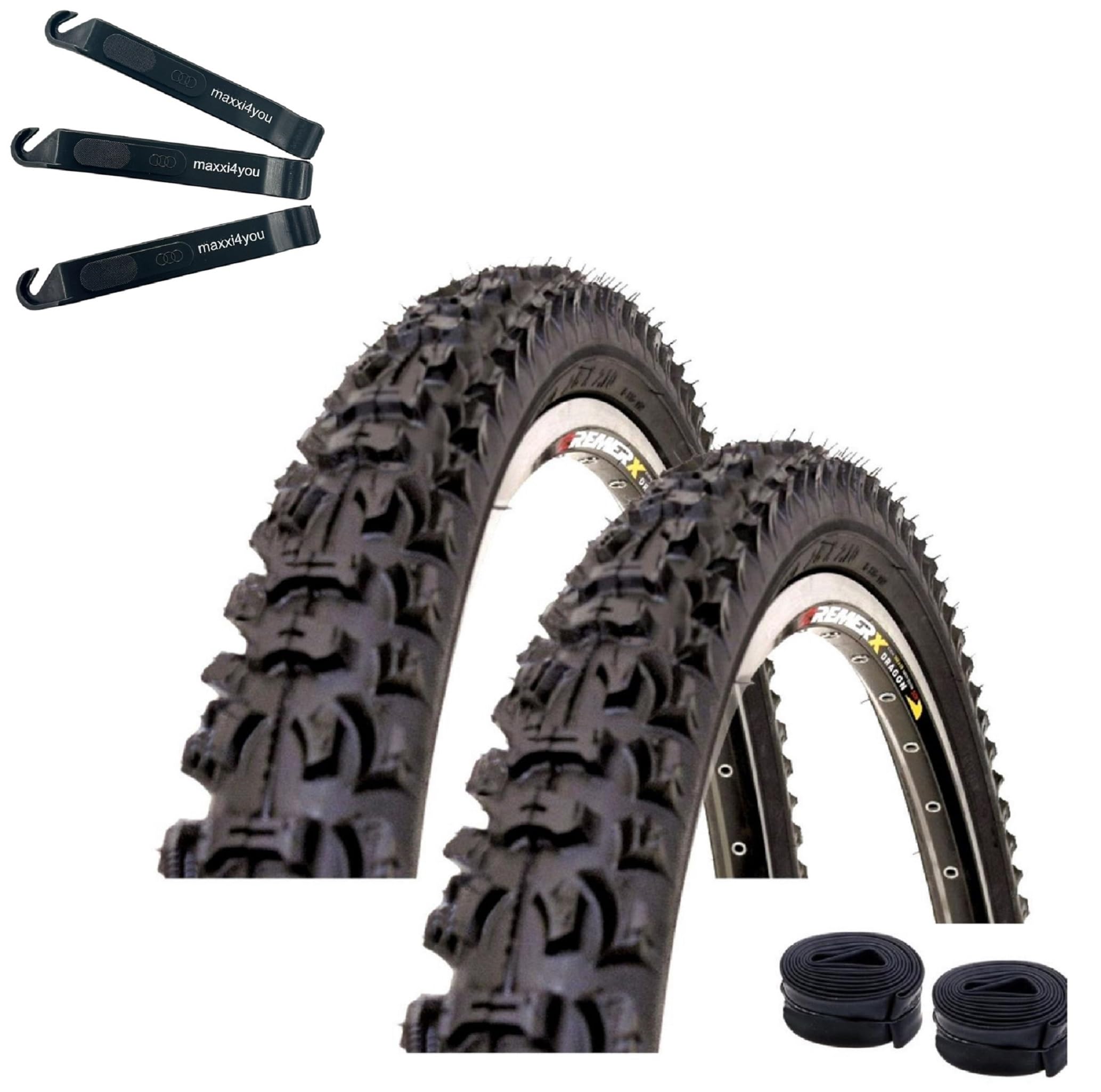 Angebot-Set / 2 x Kenda K-816 26" Fahrradreifen in Schwarz 54-559 (26 x 2.10) + 2 passende Schläuche DV inkl. maxxi4you Reifenheber