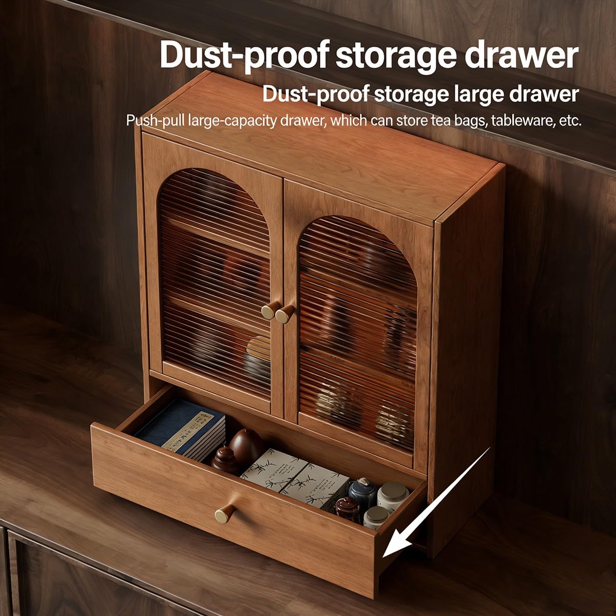 Mueble De Sobremesa Madera con Puertas Acrílicas Acanaladas 47cm Alto Puerta Sencilla O Doble 20cm 40cm Ancho Cajón Antipolvo para Juego De Té Sala De Té Encimera (
