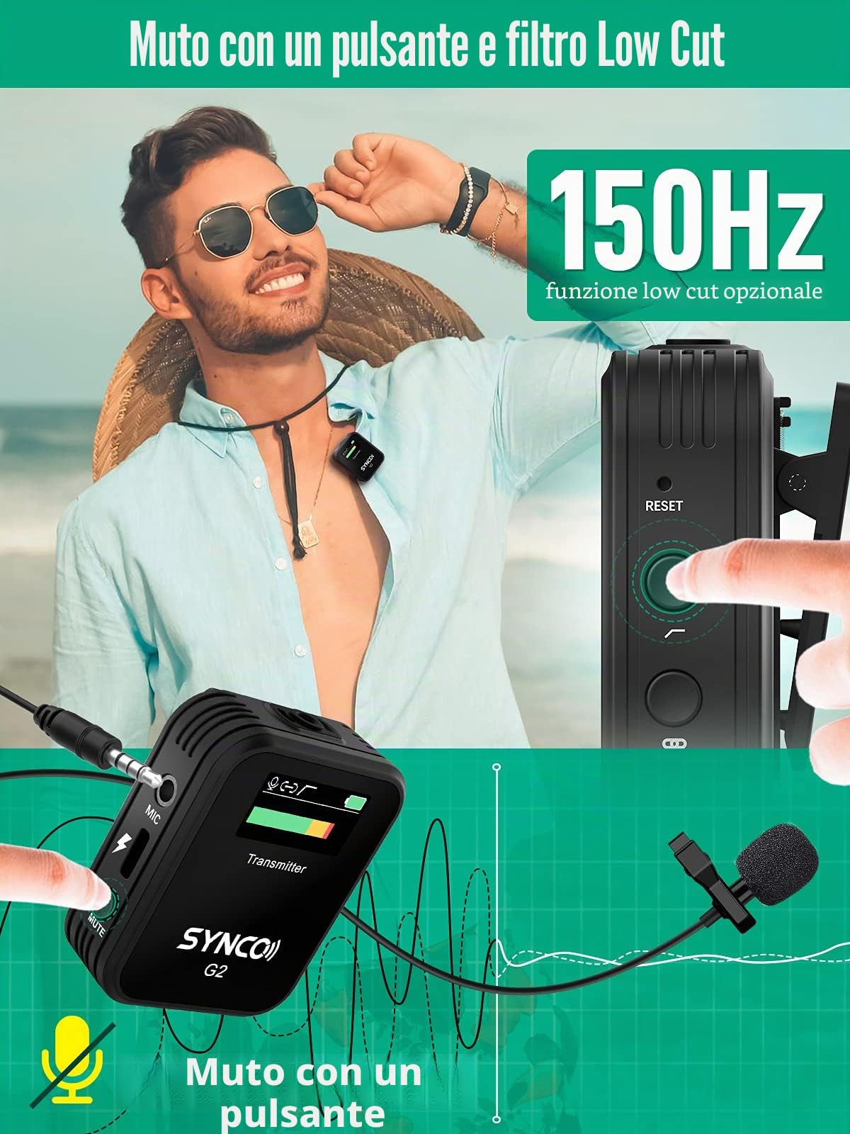 SYNCO G2 A1 Lavalier - Microfono senza fili, con sistema fino a 70 m, per fotocamera DSLR, videocamera, smartphone, Gopro PC, laptop, per interviste, riunioni online e corsi di streaming video