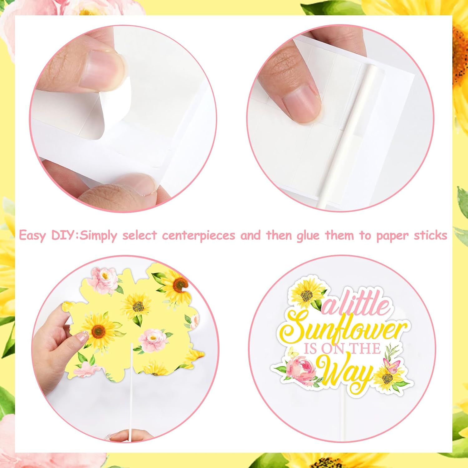 24 Pieces Sunflower Baby Shower Centerpiece Sticks Pink - Sunflower Baby Shower Decorations for Girl, Sun Flowers Baby Shower Supplies for Pregnancy Celebration Newborn Birthday Party