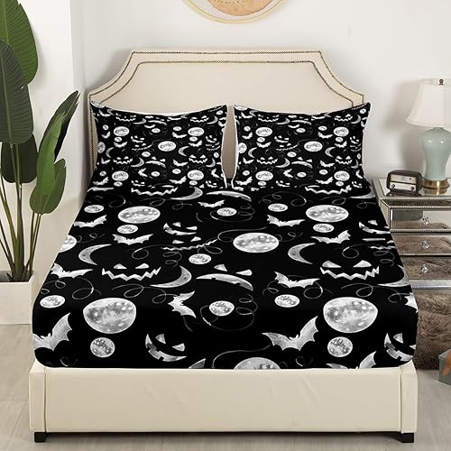 Miniatura 3 de Juego de ropa de cama con diseño de murciélagos para decoración de Halloween, diseño de luna, calabaza, gótico, caricatura, diseño de murciélagos,