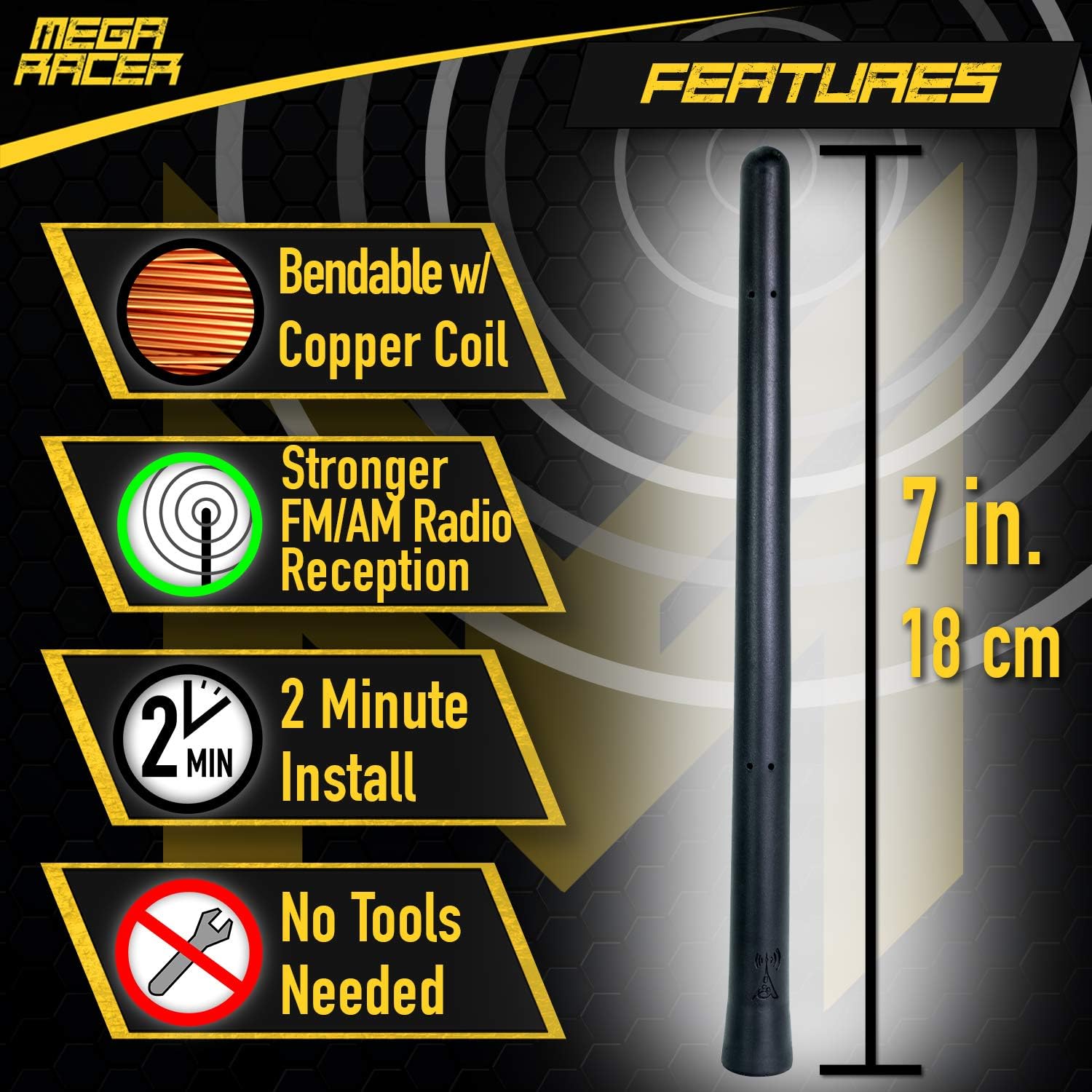 Mega Racer Flexible Car Antenna - 7 Inch Rubber Antenna Replacement, AM/FM Radio Compatible and Car Wash Proof, Screw Type, Internal Copper Coil and Stainless Steel Threading, Universal Fit (1 Piece) : Automotive