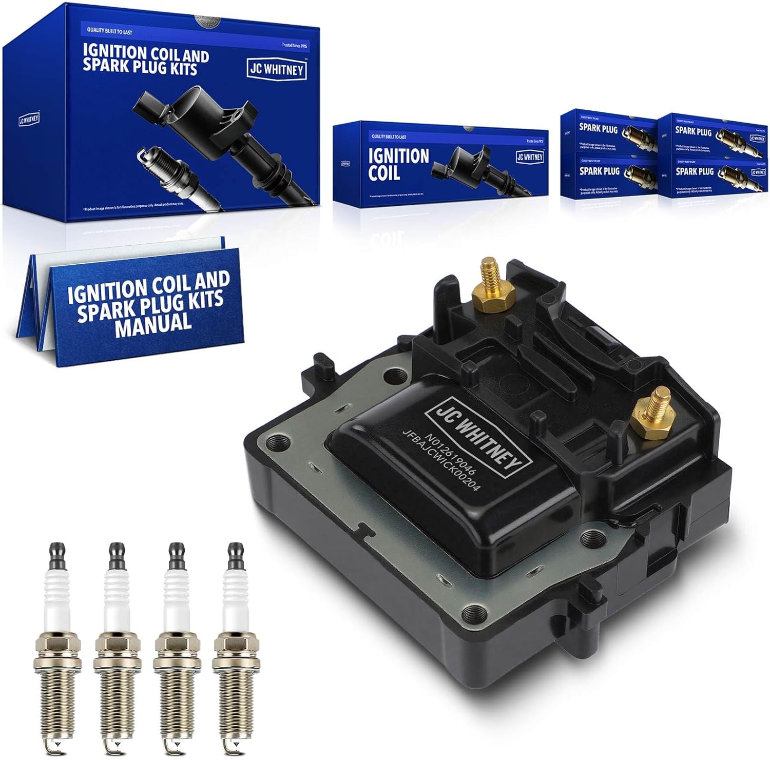 JC Whitney JFBAJCWICK00204 1pc Ignition Coil & 4pcs Iridium Spark Plugs Kit - Compatible with Toyota Corolla Tacoma 95-97, 4Runner 1996, Celica 96-97, T100 94-97 - 1.6L 1.8L 2.4L 2.7L Cyl.4