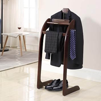 Proman Products Windsor Suit Valet Stand VL16001 with Top Tray, Contour Hanger, Trouser Bar, Tie & Belt Hooks and Shoe Rack, 17W x 14D x 40H, Dark Walnut