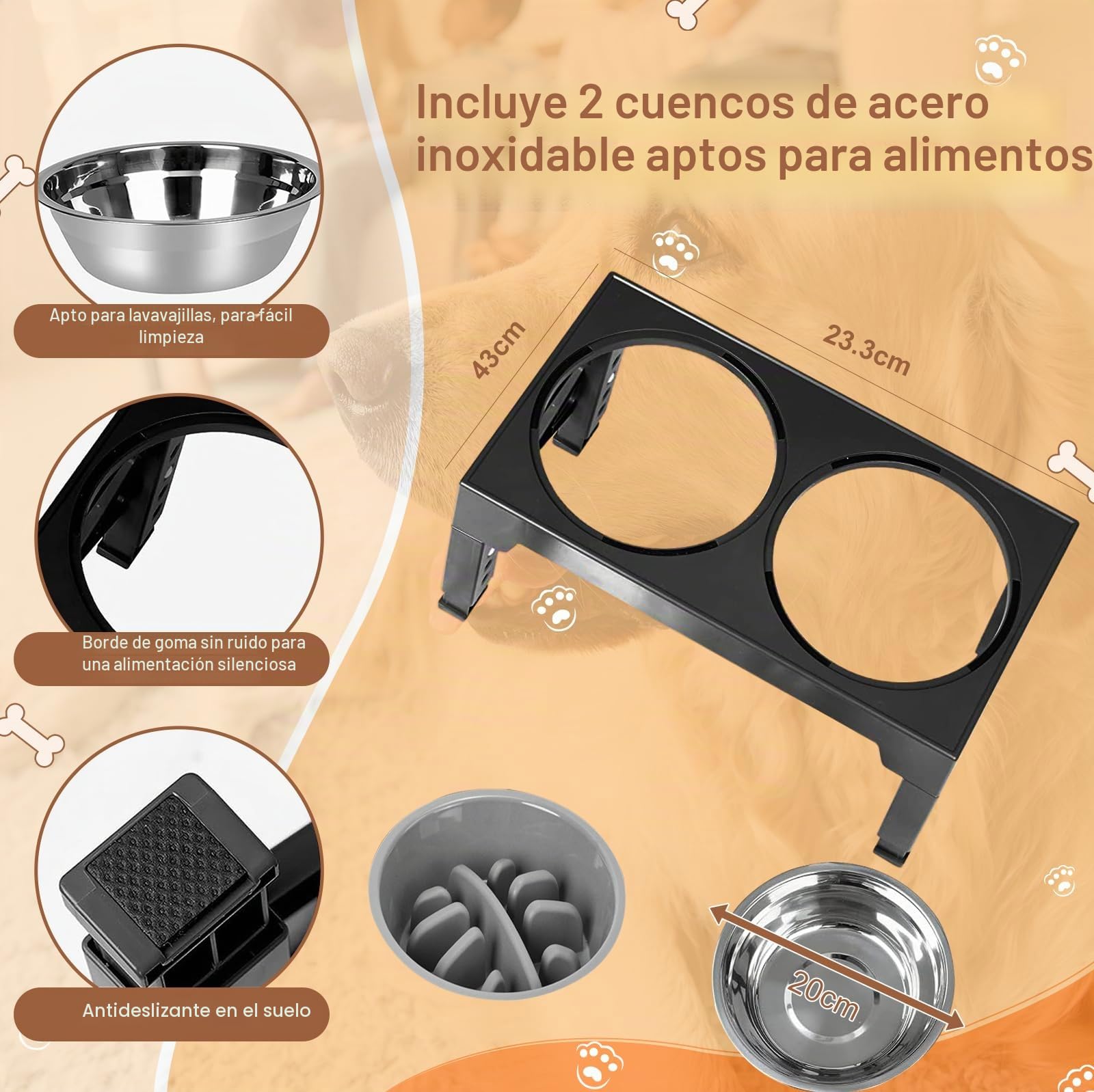 Comedero Elevado para Perros, 4 Alturas Ajustables, Cuencos de Acero Inoxidable y Alimentador Lento Antivoracidad, Soporte Antideslizante Plegable para Razas Pequeñas, Medianas, Grandes y Gatos