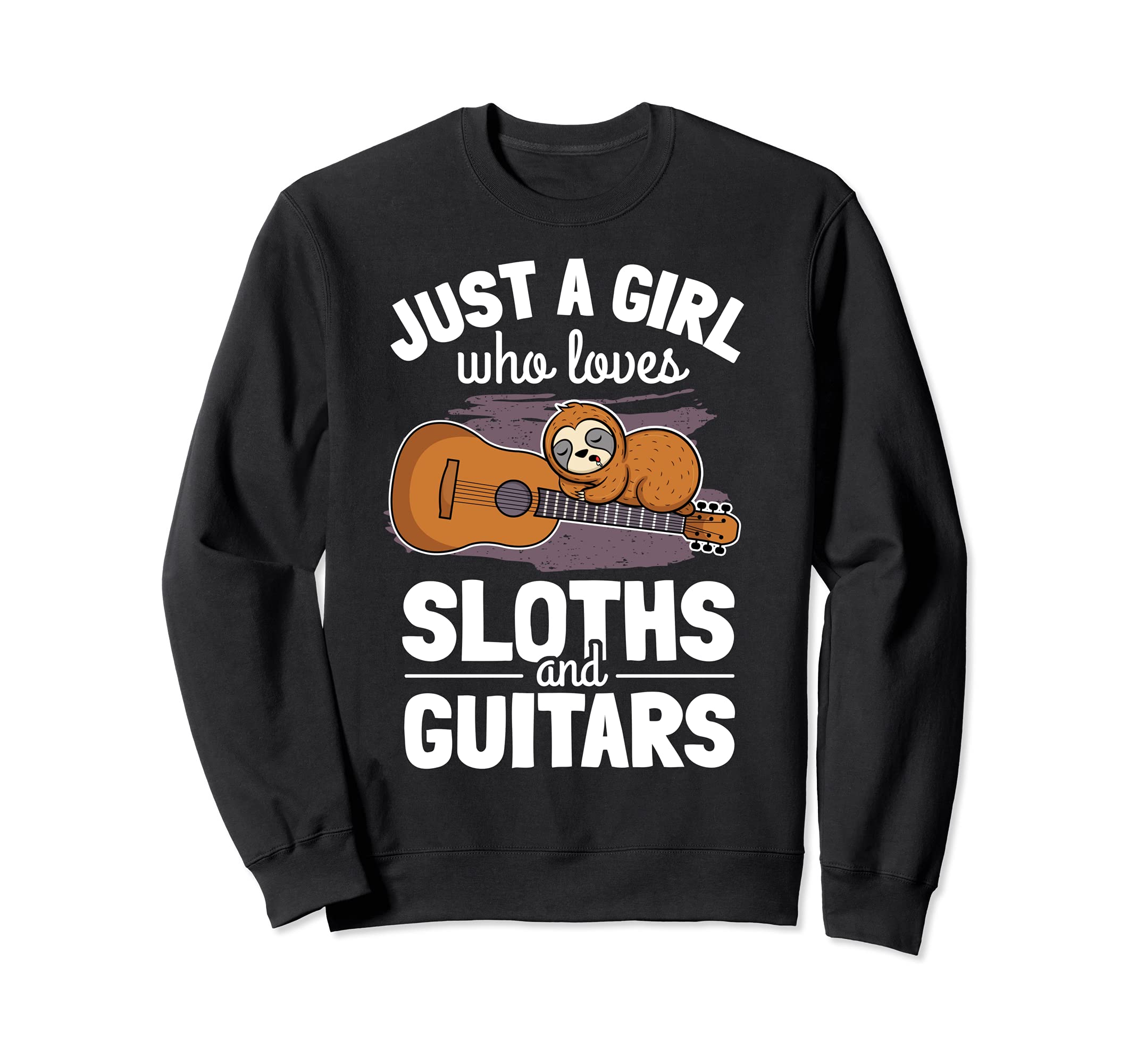 Cute Sleeping Sloth Guitar Player Woman Lazy Girl Guitarist Sweatshirt, Black