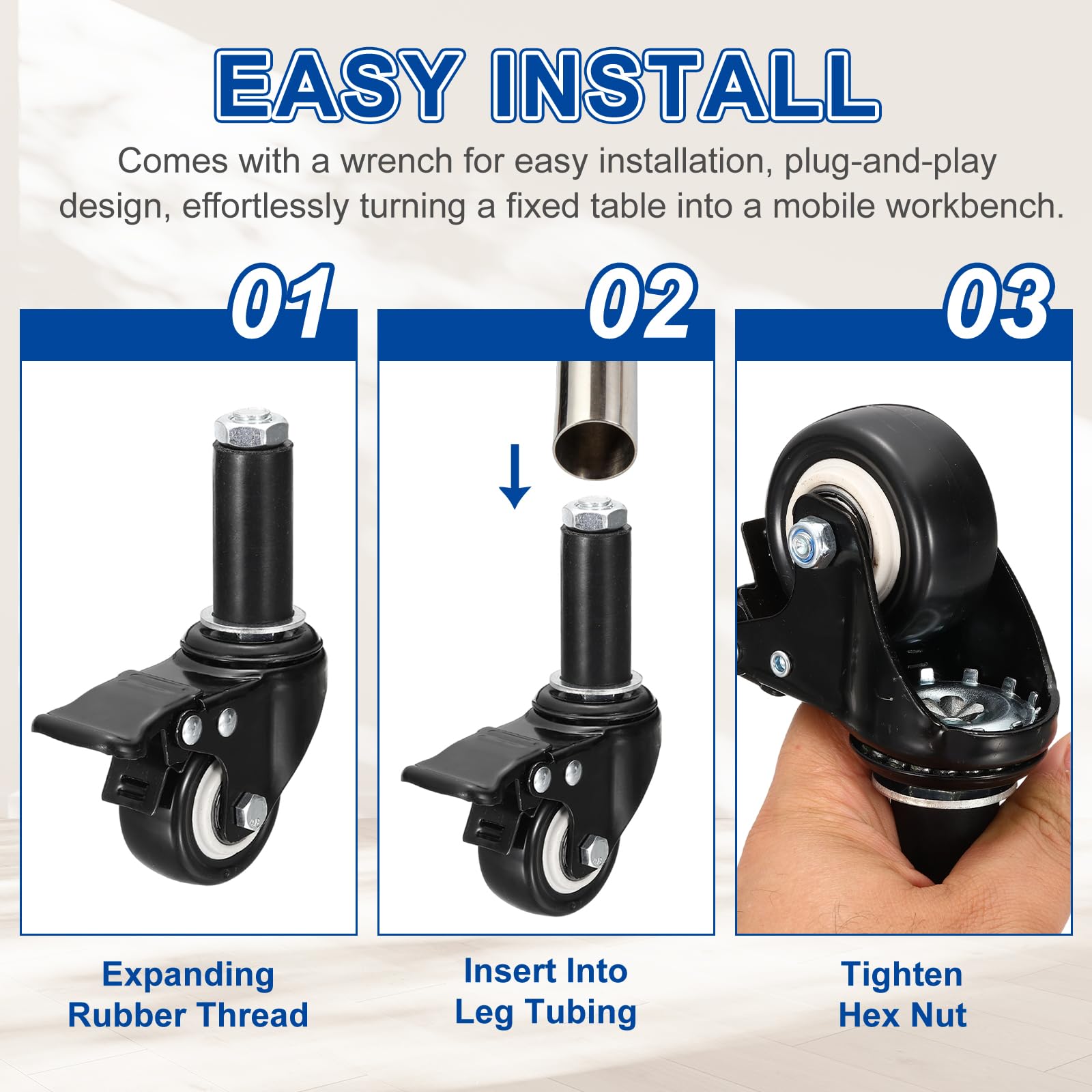 Juego de 4 ruedas giratorias para mesa de preparación (2 pulgadas) – Ruedas giratorias de alta resistencia con freno para mesas de preparación de cocina comercial, carrito utilitario, patas de