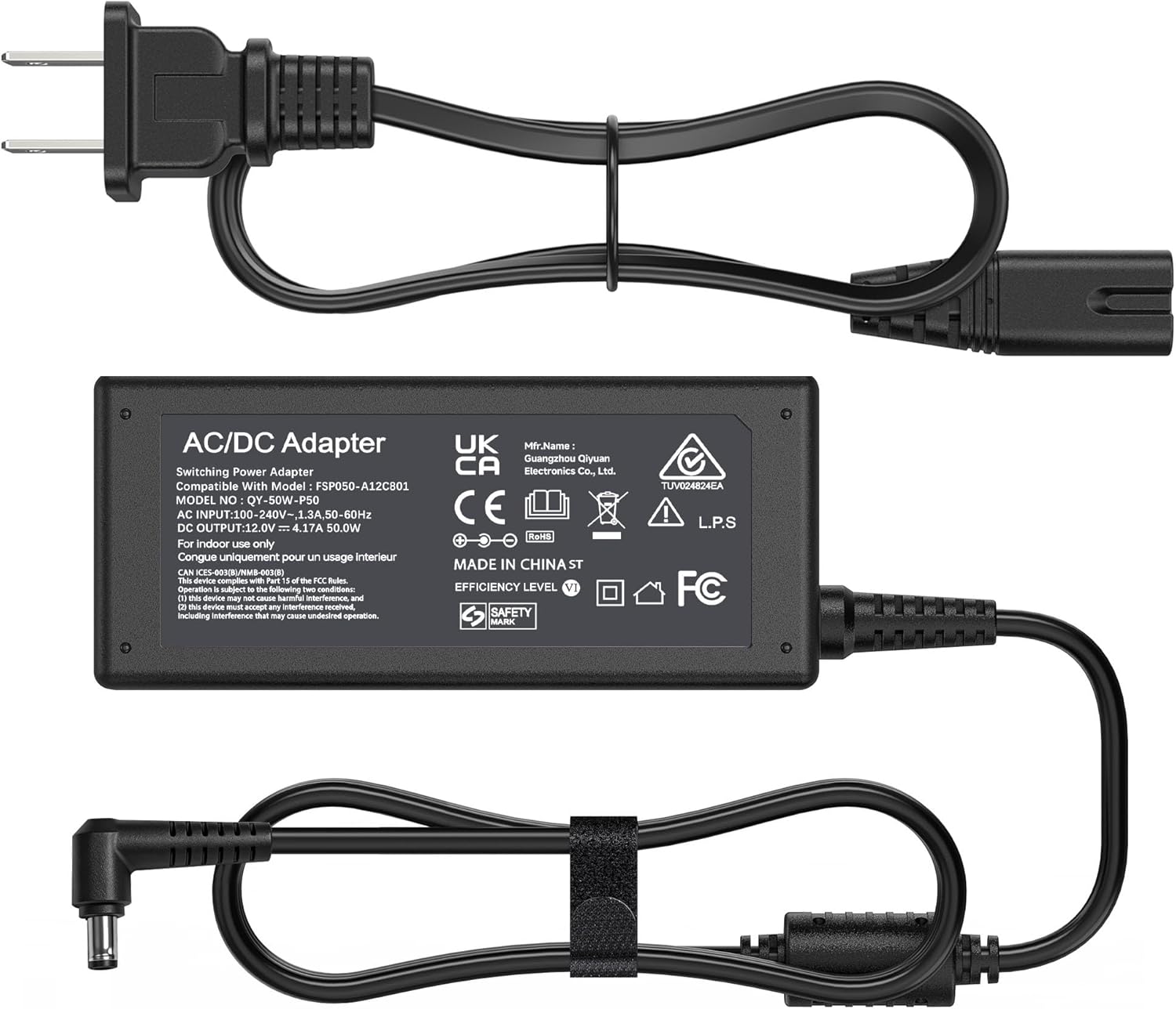 Peloton Bike Power Cord Replacement, 50W 12V 4.17A AC Adapter Compatible with Peloton Model PLTN-RB1V1 PLTN-RB1VO PLTN-RB1VQ ATS050-TP121 Power Supply, 5.5mm x 2.5mm Connector