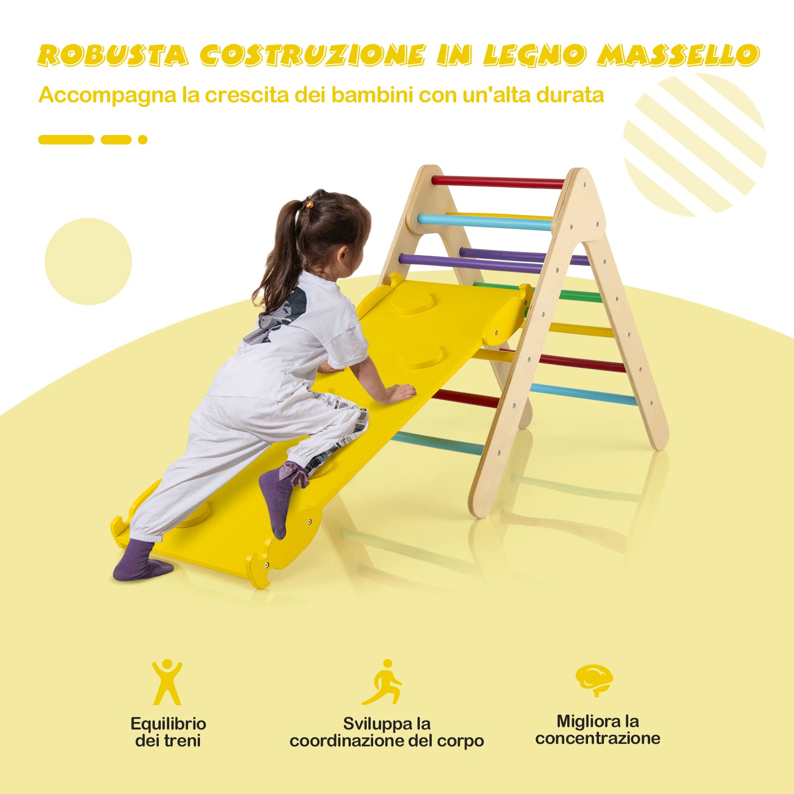 RELAX4LIFE Triángulo de Escalada con Tobogán para Niños, Escalera de Escalada de Madera, Triángulo Estable, Parque de Atracciones para Niños de 1+ Años (Modelo 4 Colorido)